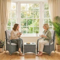 Outsunny 3 Pieces Rattan Bistro Set, Wicker Garden Furniture Set with Metal Frame, Cover, Glass Top Coffee Table, Light Grey(m-8)