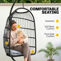 Outsunny Hangstoel met Standaard Opvouwbare Polyrattan Mand met Kussen Veiligheidsgordel Hoofdkussen Banden, Verstelbare Hoogte(m-6)