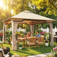 Outsunny 3.3 x 3.3 m Outdoor Garden Gazebo with Post Shelves, UPF50+ Patio Permanent Pavilion with Hook, Khaki(m-2)