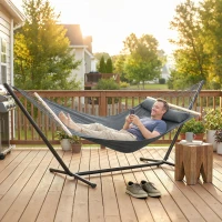 Outsunny Cotton Hammock, Soft Portable Swing Sleeping w/ Headrest & Side Pocket, Dark Grey(m-9)
