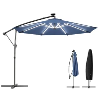 Outsunny 3 m Garden Cantilever Parasol with LED Solar Light, Round Overhanging Umbrella with 360° Rotation, Cover, Navy Blue(m-10)