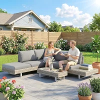 Outsunny Conjunto de Jardim em Vime de 3 peças com Sofás Modulares de 3 e 2 Lugares Mesa Lateral e Mesa de Centro Cinza(m-9)