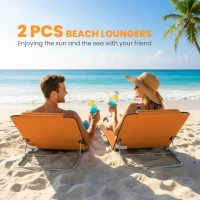 Outsunny Set of Two Metal Frame Beach Chairs, with Reclining Backs - Orange(m-4)