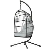 Outsunny Hangstoel met Standaard Opvouwbare Polyrattan Mand met Kussen Veiligheidsgordel Hoofdkussen Banden, Verstelbare Hoogte(m-10)
