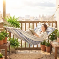 Outsunny Cotton Hammock, Soft Portable Swing Sleeping w/ Headrest & Side Pocket, Blue and White(m-8)