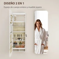 HOMCOM Espejo Joyero con Luz LED Montado en la Pared o en la Puerta con Cerradura Espejo Entero 2 Cajones Blanco(m-4)