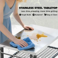 Outsunny Outdoor Grill Cart with Stainless Steel Tabletop, 3-Tier Pizza Oven Stand with 2 Shelves, 6 Hooks, Wheels, Black(m-4)