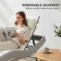 Outsunny Rattan Sun Lounger, Garden Recliner with 5 Position Adjustable Back, S Shaped Texteline Seat, Headrest, Cream White(m-8)