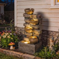 Outsunny Fuente de Jardín con Iluminación LED Bomba Fuente Decorativa en Cascada de 5 Niveles Flujo Ajustable Marrón Rústico(m-2)