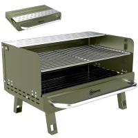 Outsunny Portable BBQ Grill, Charcoal Barbecue Grill with Adjustable Grates, Foldable Legs, Side Shelf for Camping Travel, Green(m-1)