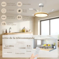 HOMCOM Ventilateur de plafond avec lumière et télécommande, plafonnier ventilateur 95 cm avec pales rétractables, bois naturel(m-7)