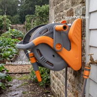 Outsunny Portable Garden Hose Reel, 20+2 m Wall Mounted Hose Reel with 2 Patterns Spray Nozzle and Crank Handle, Orange(m-7)