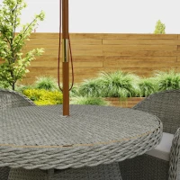Outsunny 4 Seater Rattan Garden Furniture Set with Cushions, Round PE Rattan Dining Set with Glass-Top Table, Umbrella Hole, Outdoor Garden Table and Chairs, Grey(m-8)