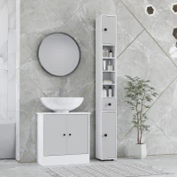 kleankin 180cm Tall Bathroom Cabinet, Slim Bathroom Storage Cabinet with 4 Open Shelves, 2 Door Cupboards and Adjustable Shelves, Light Grey(m-2)
