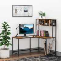 HOMCOM L Shaped Desk with Book Shelf, Industrial Corner Computer Desk, Writing Table with Steel Frame for Home Office, Bedroom, Study Room, 140 x 125cm, Brown(m-2)