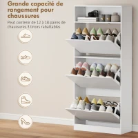 HOMCOM Meuble à chaussures 18 paires, armoire à chaussures étroite, 3 tiroirs rabattables, étagères réglables, blanc(m-5)