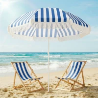 Outsunny Sombrilla de Playa con Flecos Ø180 cm Sombrilla de Terraza Exterior con Altura Ajustable Inclinación 30° Azul y Blanco(m-2)