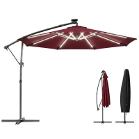Outsunny 3 m Garden Cantilever Parasol with LED Solar Light, Round Overhanging Umbrella with 360° Rotation, Cover, Wine Red(m-10)
