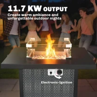 Outsunny Propane Gas Fire Pit Table for Garden, 11.7 KW Smokeless Firepit Outdoor Heater with Wind Guard, Glass Rocks, Lid, Black(m-6)
