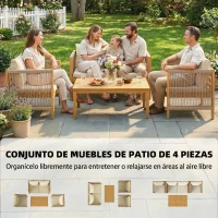 Outsunny Conjunto de Muebles de Jardín de 4 Piezas con Sofá 2 Plazas 2 Sillones Mesa de Madera Cojines y Cuerda PP Beige(m-4)