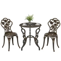 Outsunny Outdoor Bistro Set Vintage Rose Design Patio Furniture Set with Round Table and 2 Chairs Metallic Finish(m-10)