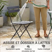 Outsunny Ensemble Bistrot de Jardin 3 Pièces Table et 2 Chaises Pliantes à Lattes Double Protection Antirouille Noir(m-7)