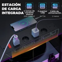 HOMCOM Mesa Gaming Doble de 244 cm con Estación de Carga Puertos USB Soportes para Monitor Cajones de Tela Negro(m-5)