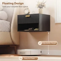 HOMCOM Set of 2 Wall Mounted Nightstands, Floating Bedside Tables with Fluted Drawer and Open Shelf for Small Bedroom, Black(m-5)