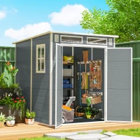 Outsunny 6 x 6 ft Plastic Garden Shed, Wood-Effect Outdoor Storage Shed with Floor, Windows, Lockable Doors and Vents, Grey(m-2)
