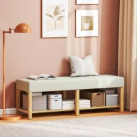 HOMCOM Banco Sapateira com Assento Acolchoado para 2 Pessoas Prateleira Aberta Estrutura de Madeira 140x44x48 cm, Creme e Madeira(m-9)