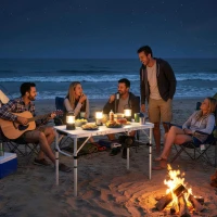 Outsunny 3ft Folding Camping Table, Picnic Table with Mesh Storage Layer, Carrying Bag and Metal Frame, Cream White(m-9)