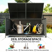 Outsunny Rattanowa skrzynia ogrodowa 650L wodoodporna, UV odporna, ze schowkiem, kółkami i pokrywą, 150 x 75 x 74 cm, ciemnoszara(m-4)