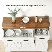 HOMCOM Buffet cuisine, meuble de rangement avec 3 portes de grange, 2 tiroirs et étagères réglables, 108 x 40 x 81 cm, blanc(m-5)