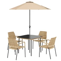 Outsunny 4 Seater Rattan Dining Set with Parasol, 6 Piece Garden Table and Stackable Chairs with Tempered Glass Tabletop(m-1)