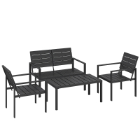 Outsunny 4 Piece Garden Furniture Set, Outdoor Sofa Set with HDPE Slatted Loveseat Armchairs Coffee Table Metal Frame, Black