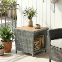 Outsunny Side Table 2-Tier Outdoor Coffee Table with Storage Shelf PS Wood Slat Top/Light Grey(m-9)