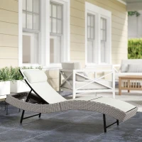 Outsunny Rattan Sun Lounger, Garden Recliner with 5 Position Adjustable Back, S Shaped Texteline Seat, Headrest, Cream White(m-2)
