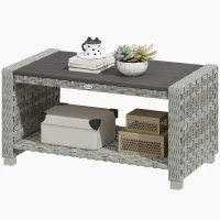 Outsunny Outdoor Coffee Table with Storage Shelf, PE Rattan Side Table with Slatted Top and Foot Pads, Grey(m-11)