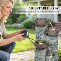 Outsunny 4-Tier Outdoor Fountain, Cascading Waterfall, Garden Fountain with LED Lights, Adjustable Flow, Grey and Rustic Brown(m-5)