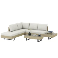 Outsunny Conjunto de Jardim em Vime de 3 peças com Sofá Modular de 3 e 2 Lugares Mesa Lateral e Mesa de Centro Bege(m-10)