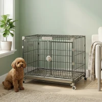 PawHut Gaiola Dobrável para Cão, Bandeja Removível, Rodas com Travas, Teto Abrível, Porta de Alimentação, 60,5x45,5x54,5cm, Preto(m-6)