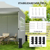 Outsunny Pavilion 3x3 m impermeabil reglabil pe înălțime pop-up pliant cu 3 pereți laterali ferestre ventilație, UV 50+ Gri deschis(m-6)