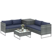 Outsunny 4 Piece Rattan Garden Furniture Set, Outdoor Corner Sofa Set with Storage Table, Loveseats, Cushions - Dark Blue(m-11)
