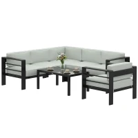 Outsunny 5-Piece Garden Corner Sofa Set with Cushions, 6 Seater Aluminium Garden Furniture Set with Coffee Table, Light Grey(m-11)