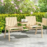 Outsunny 2-Seater Garden Loveseat with Table and Parasol Hole for Porch, Patio, Natural Wood Finish(m-9)