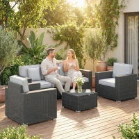 Outsunny 5 Seater Rattan Garden Furniture Set with Wide Armrests, Cushions, Pillows for Patio, Dark Grey(m-9)