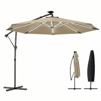 Outsunny 3 m Garden Cantilever Parasol with LED Solar Light, Round Overhanging Umbrella with 360° Rotation, Cover, Khaki(m-11)