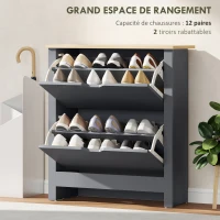 HOMCOM Meuble à chaussures 12 paires, armoire à chaussures étroite avec 2 tiroirs rabattables et étagères réglables, gris foncé(m-4)
