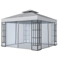 Outsunny 3 x 3(m) Patio Gazebo Canopy Garden Pavilion Tent Shelter with 2 Tier Roof and Mosquito Netting, Light Grey(m-11)