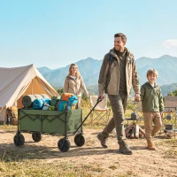 Outsunny 95L Foldable Festival Trolley on Wheels, Collapsible Wagon Cart with Adjustable Handle and 2 Cup Holders, Dark Green(m-2)